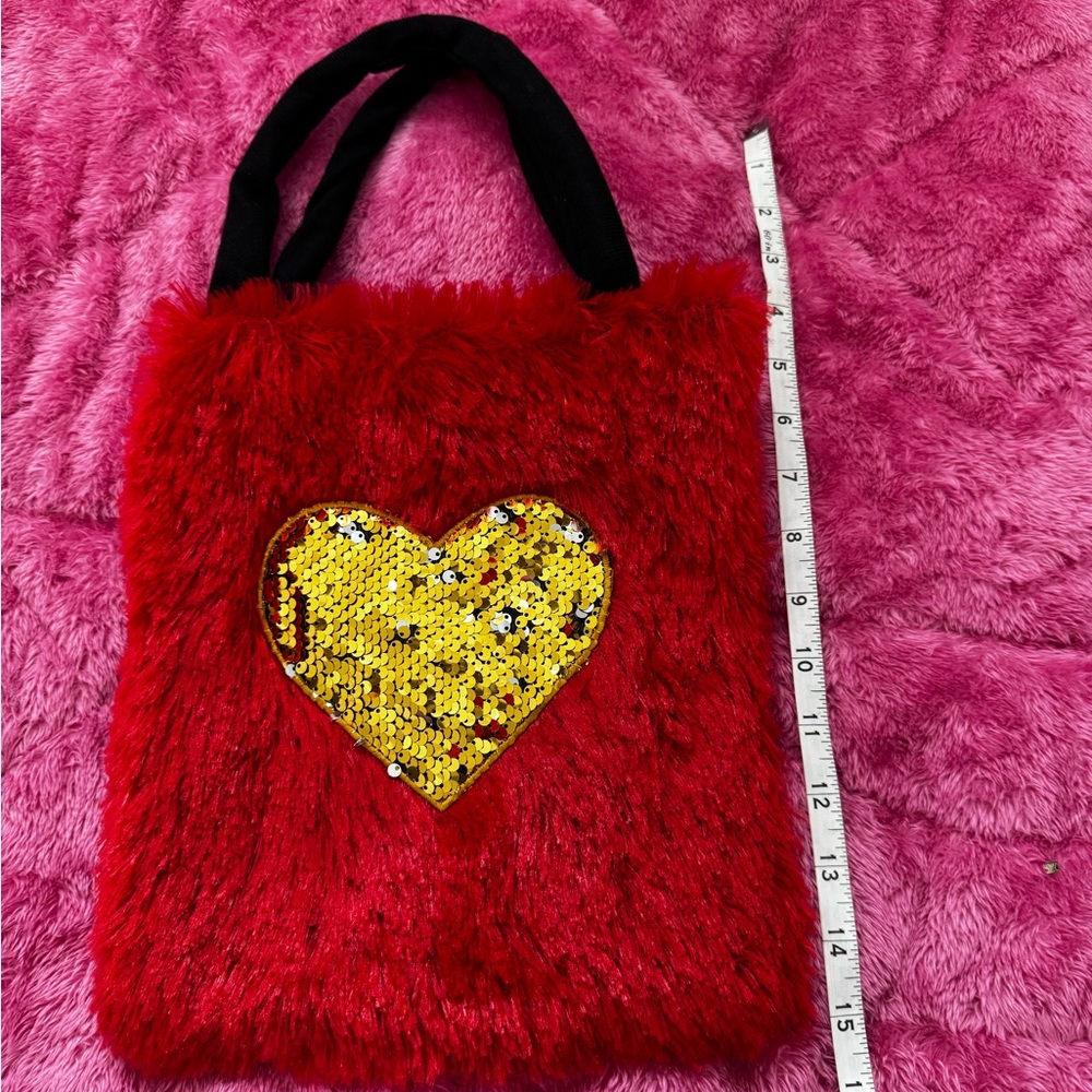 Kids Red Faux Fur Tote with Gold Sequin Heart